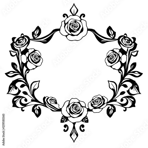 Elegant Black and White Rose Floral Frame: Vintage Floral Border Design, Perfect for Wedding Invitations, Romantic Decor, and Classic Illustrations