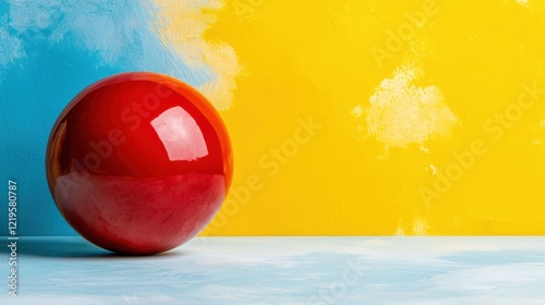 A red ball sitting on top of a table next to a yellow wall
