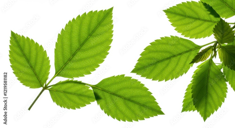 Vibrant green leaves, Botanical illustration, Serrated leaf edges, Compound leaf structure, White background, High detail, Photorealistic, Natural lighting, Crisp focus, Plant specimen, Elm leaf, Symm Vibrant green leaves, Botanical illustration, Serrated leaf edges, Compound leaf structure, White background, High detail, Photorealistic, Natural lighting, Crisp focus, Plant specimen, Elm leaf, Symm