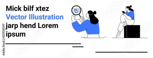 Two women interacting one examining document in magnifying glass, the other using smartphone. Ideal for tech, communication, analysis, research, education, digital tools presentations. Landing page