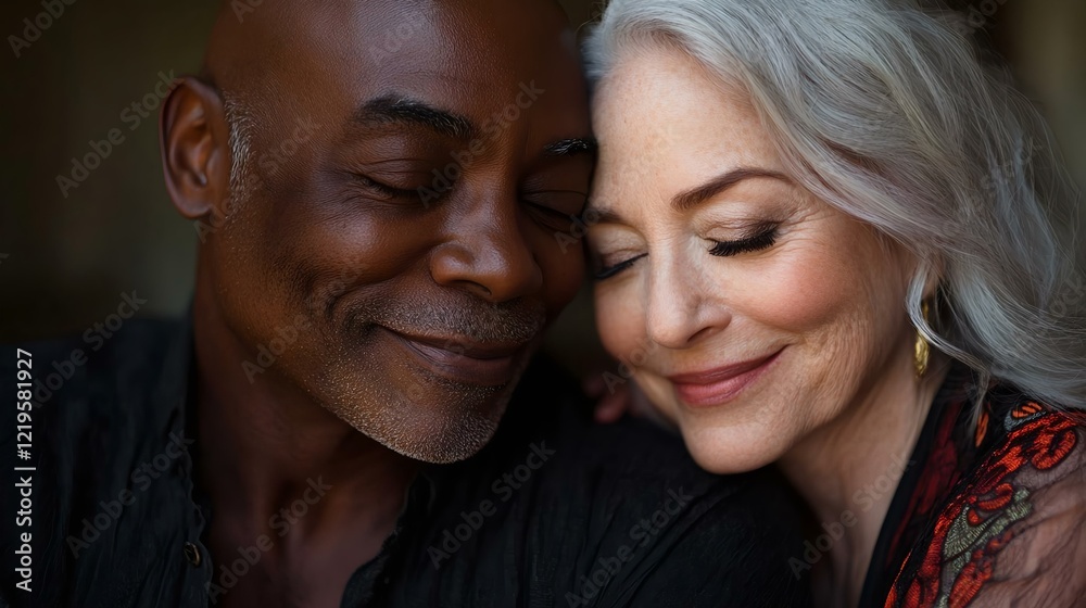 A joyful close-up of a senior couple with contrasting skin tones sharing a heartfelt moment. The golden light and high contrast enrich their affectionate gazes. A joyful close-up of a senior couple with contrasting skin tones sharing a heartfelt moment. The golden light and high contrast enrich their affectionate gazes.