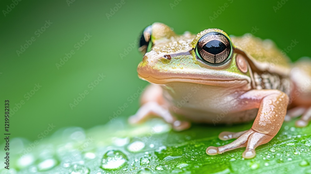 Obraz premium A frog sitting on top of a green leaf covered in water droplets