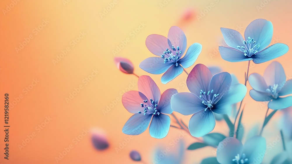 Obraz premium Charming hepatica flowers in vivid blue and lavender on the right, set against a warm, tranquil gradient background transitioning from light teal to pastel