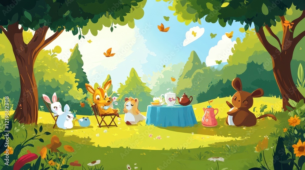 Naklejka premium Adorable Animals Enjoying Tea Party in Sunny Forest