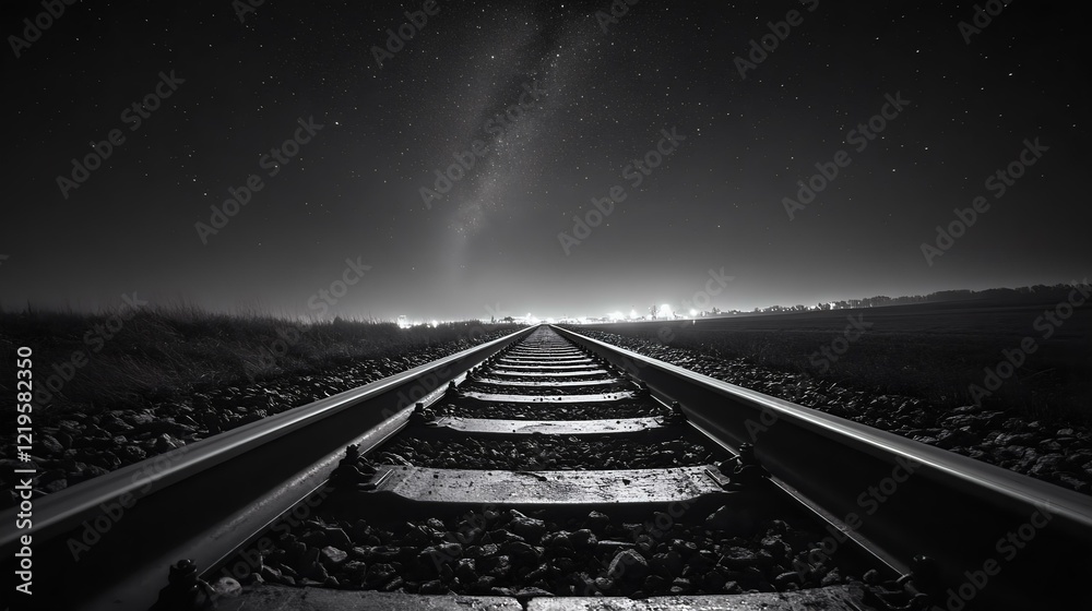 Railway tracks at midnight under a dark, starry sky. Distant city lights illuminate the scene, with reflective rails leading into the horizon. Railway tracks at midnight under a dark, starry sky. Distant city lights illuminate the scene, with reflective rails leading into the horizon.