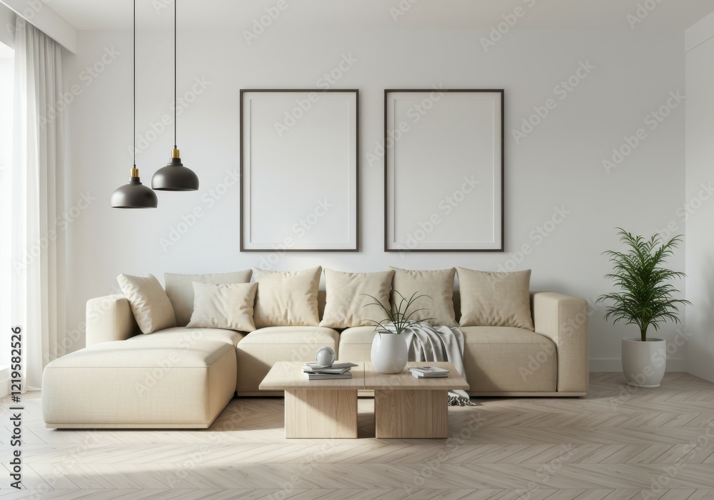 Fototapeta premium minimalist interior design, white floating shelf, gray brick wall, sunlight and shadows, empty picture frame, ceramic vase, stack of books, modern aesthetic, clean lines, monochromatic color scheme, d