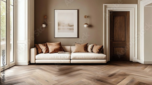 Photorealistic image of a serene living space featuring a taupe accent wall, cream sofa with mixed pillows, walnut doors, and a chevron parquet floor.