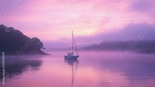 A serene marine scene with a boat sailing at dawn in mist, with pink and lavender skies. A distant shore silhouette adds depth. High contrast capture.