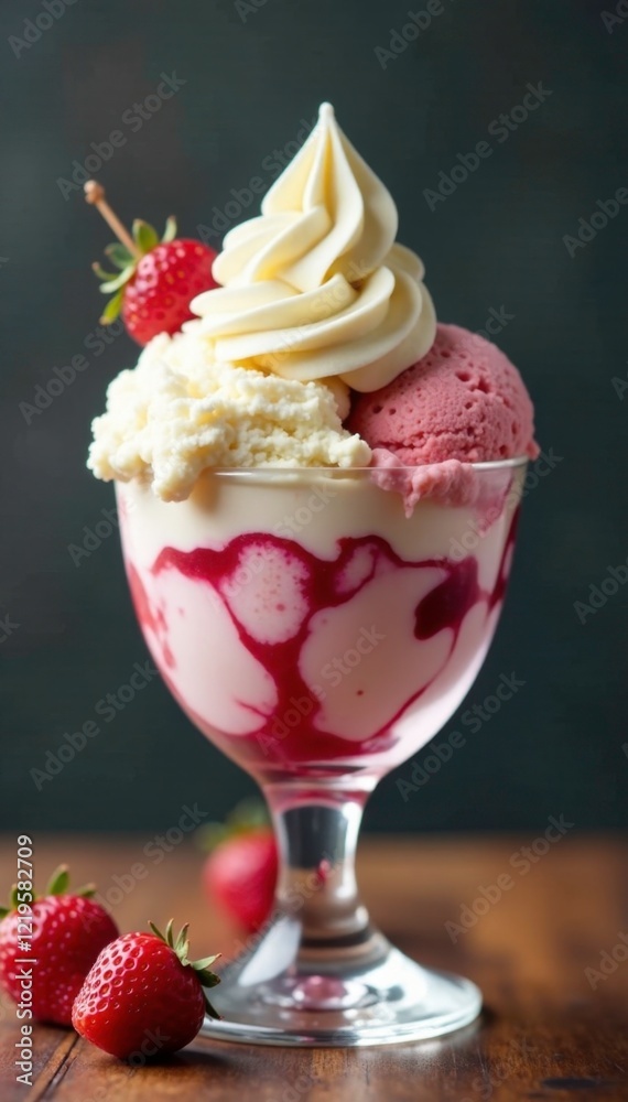 Large glass goblet filled to the brim with creamy white and colored Italian ice cream, frozen, treats Large glass goblet filled to the brim with creamy white and colored Italian ice cream, frozen, treats