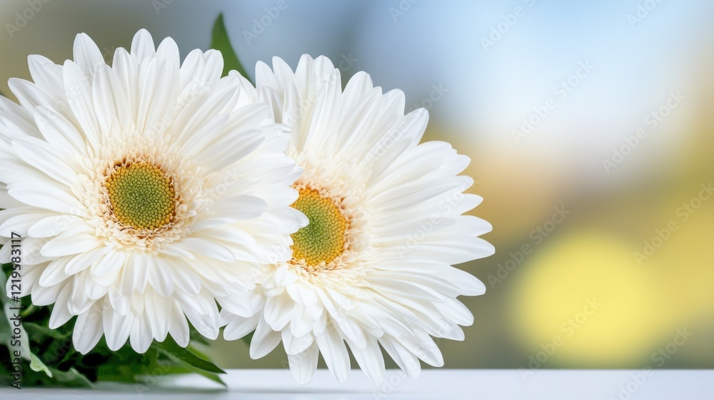 Obraz premium Two white daisies sitting on top of a white table