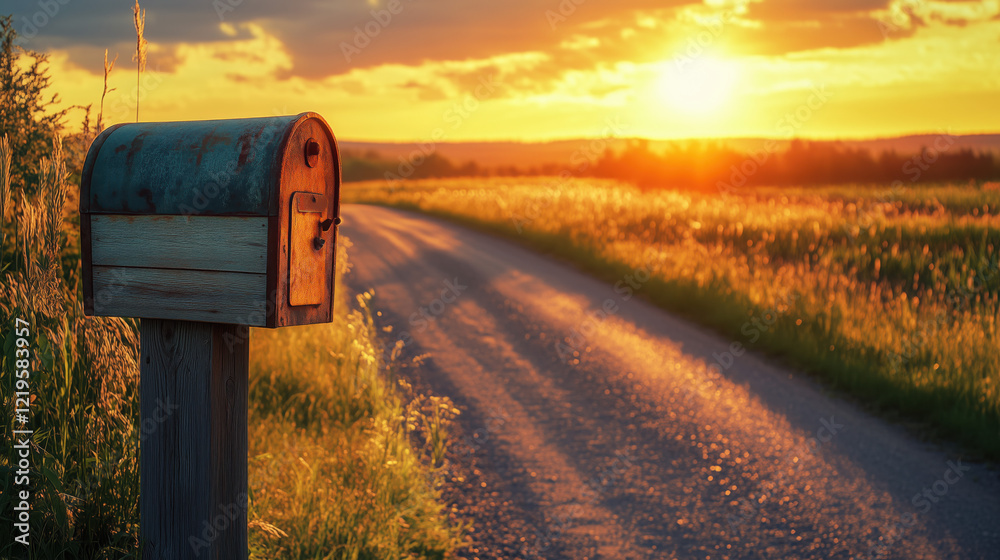 Rustic Wooden Mailbox with Antique Finish Standing by a Country Road, Eagerly Awaiting Parcels, Newspapers, and Letters, Framed by a Golden Sunset