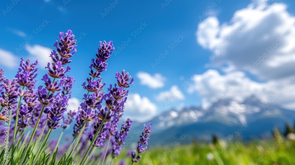 Obraz premium A field of lavender flowers with mountains in the background