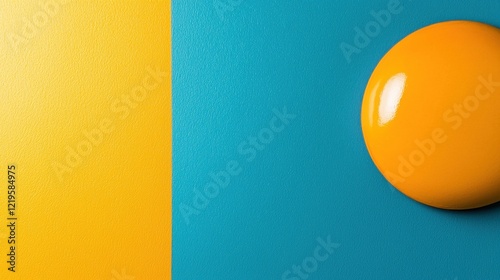 A yellow ball sitting on top of a blue and yellow wall