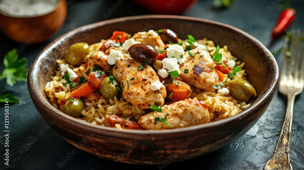Image of rice and Mediterranean chicken with olives and feta cheese in a rustic bowl, emphasizing Mediterranean flavors and textures. Ideal for Mediterranean cuisine and hearty meals. Image of rice and Mediterranean chicken with olives and feta cheese in a rustic bowl, emphasizing Mediterranean flavors and textures. Ideal for Mediterranean cuisine and hearty meals.