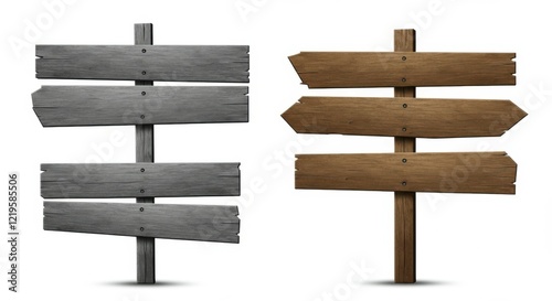 wooden signpost, directional signs, weathered wood texture, gray wood, brown wood, rustic signs, arrow-shaped signs, multi-directional signage, outdoor wayfinding, minimalist design, vector graphic st