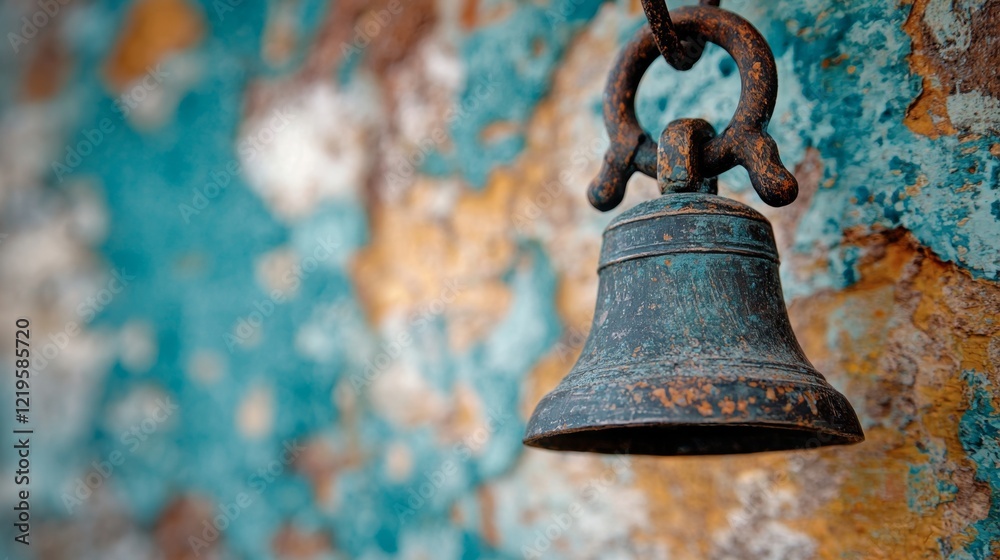 Obraz premium A rusty bell hanging from a chain on a wall