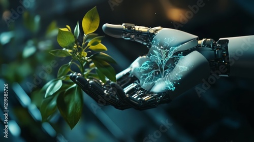 Robotic hand nurturing plant, futuristic lab background, sustainable tech