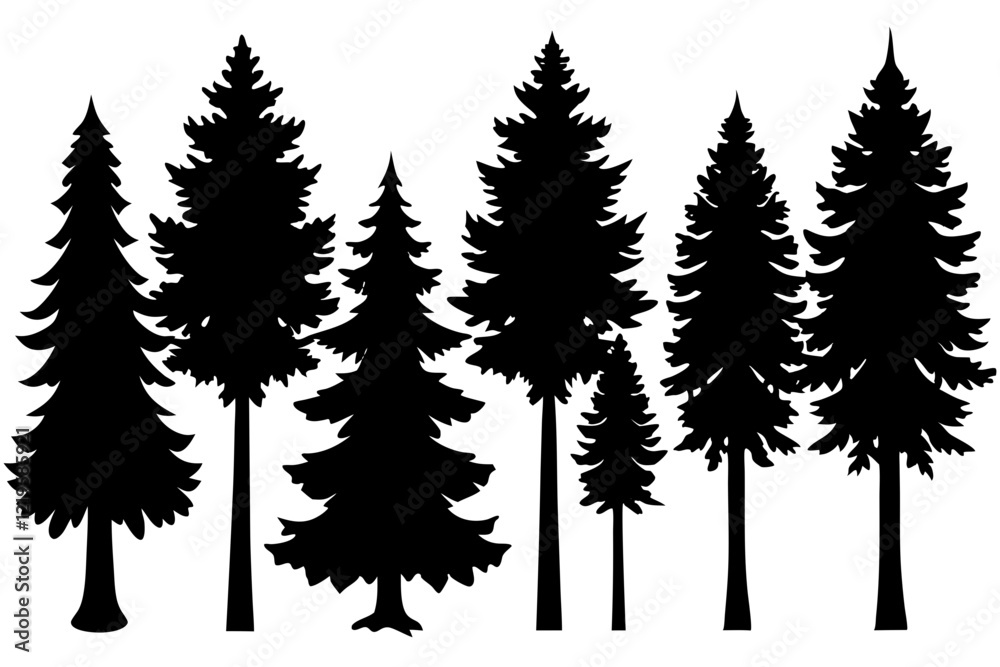 Forest tree silhouettes collection. Pine trees horizontal pattern panorama backgrounds. Vector illustration