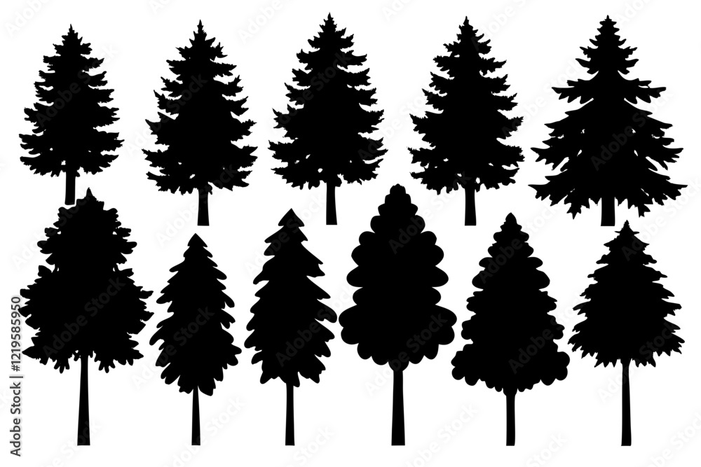 Forest tree silhouettes collection. Pine trees horizontal pattern panorama backgrounds. Vector illustration