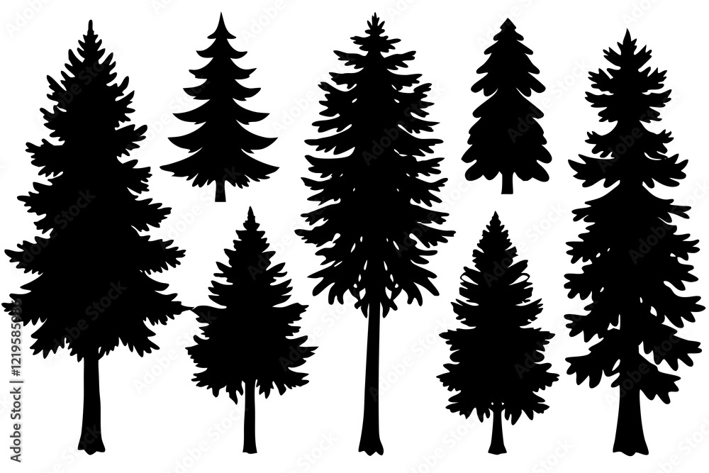 Forest tree silhouettes collection. Pine trees horizontal pattern panorama backgrounds. Vector illustration