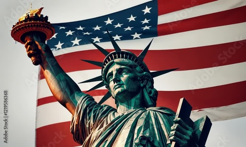 statue of liberty with flag America ,independence day america ,Double exposure style
