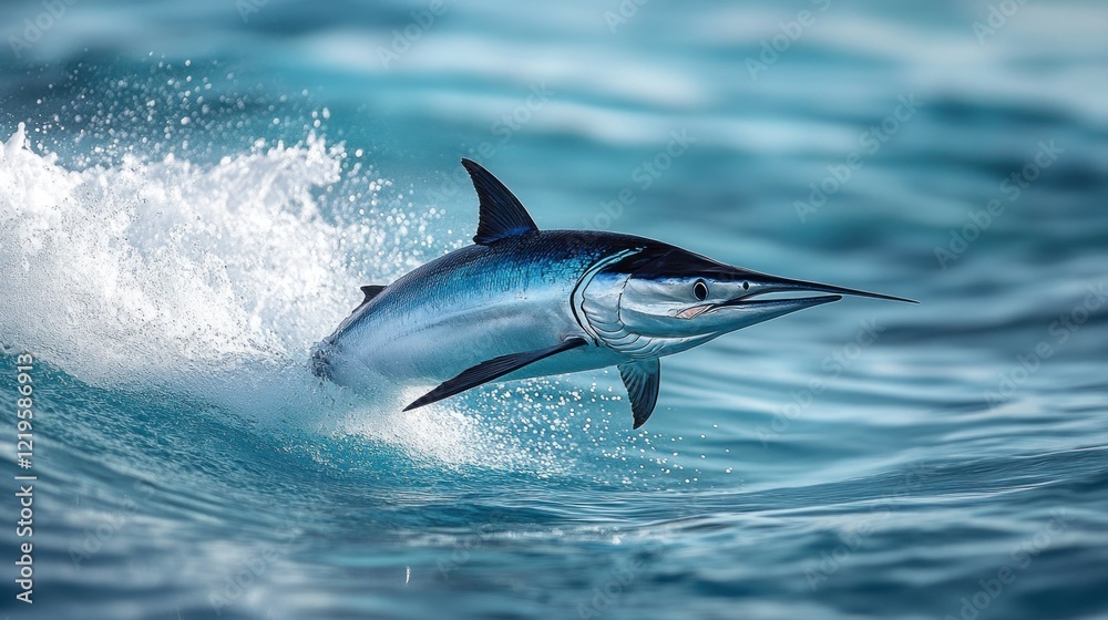 Fototapeta premium Blue marlin leaping, splashing ocean wave.
