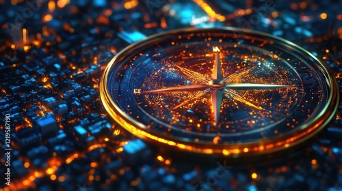 Wallpaper Mural Golden compass pointing north on futuristic city circuit board, symbolizing guidance, innovation, and exploration in a technologically advanced urban environment Torontodigital.ca