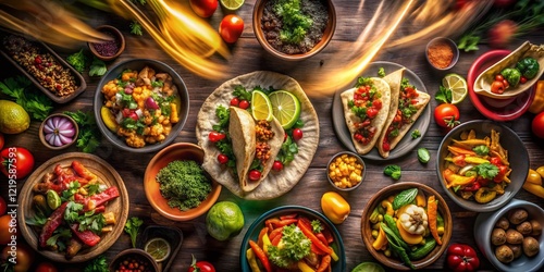 Wallpaper Mural Vibrant Long Exposure Shot of Mexican Food Fiesta, Delicious Tacos, Burritos, and Colorful Ingredients Torontodigital.ca