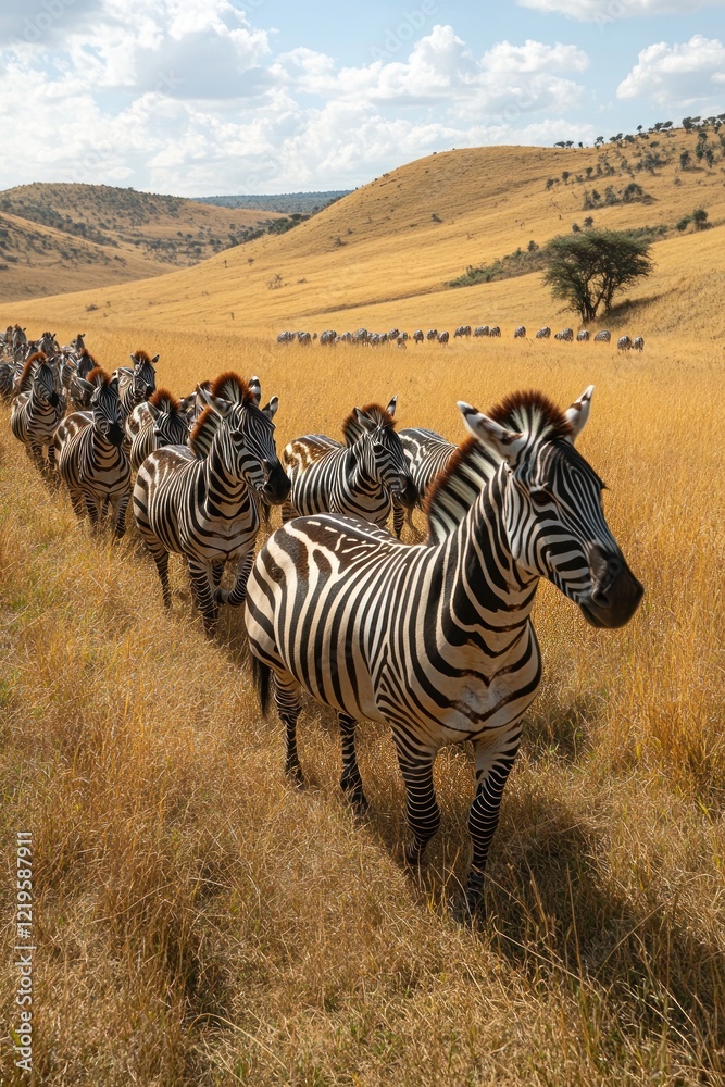 Naklejka premium Zebras migrating across golden savanna.