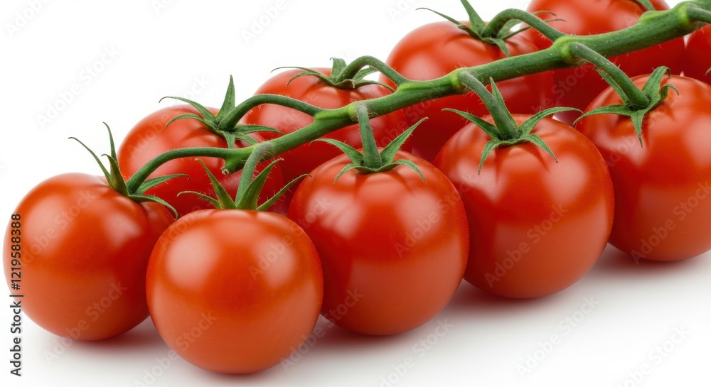 ripe tomatoes on the vine, bright red, glossy skin, green stems, cluster of tomatoes, fresh produce, high-resolution, photorealistic, white background, food photography, macro detail, vibrant colors, ripe tomatoes on the vine, bright red, glossy skin, green stems, cluster of tomatoes, fresh produce, high-resolution, photorealistic, white background, food photography, macro detail, vibrant colors,