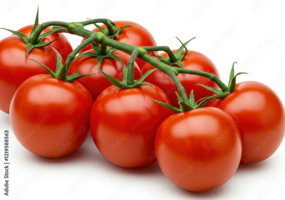 ripe tomatoes on the vine, bright red, glossy skin, green stems, cluster of tomatoes, fresh produce, high-resolution, photorealistic, white background, food photography, macro detail, vibrant colors, ripe tomatoes on the vine, bright red, glossy skin, green stems, cluster of tomatoes, fresh produce, high-resolution, photorealistic, white background, food photography, macro detail, vibrant colors,