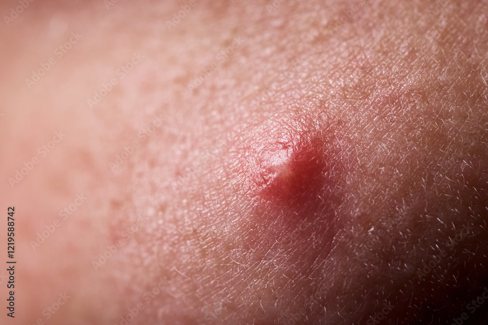 Fototapeta premium Pimple on the skin. Acne is an infection that can lead to pimple popping on the face. Acne occurs on the lower face. Close-up of a furuncle, an acne pimple with pus under the skin