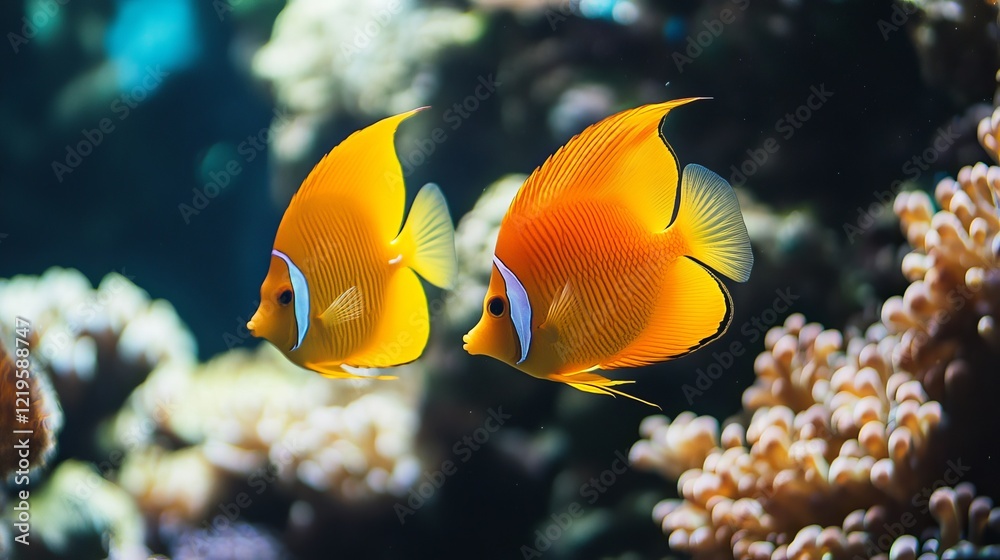 Fototapeta premium Two Vibrant Orange Butterflyfish Swimming Underwater Tropical Reef Colorful Aquatic Life Ocean Scene Vivid Marine Wildlife Nature Photography sea art coral