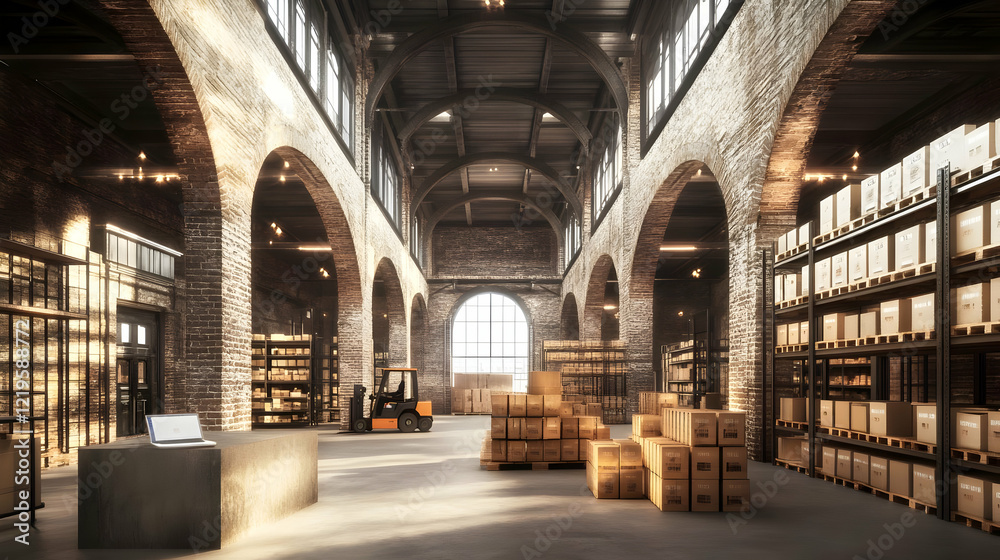 Fototapeta premium Sunlit Industrial Warehouse Interior with High Ceilings