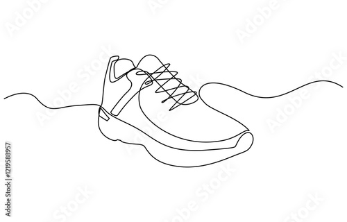 Continuous single one line drawing of casual sneakers shoes minimalism design, Shoes continuous one line drawing. Sports shoes in a line style. Sneakers isolated on white background.