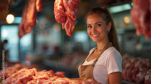 Smiling female butcher behind counter with fresh meat
