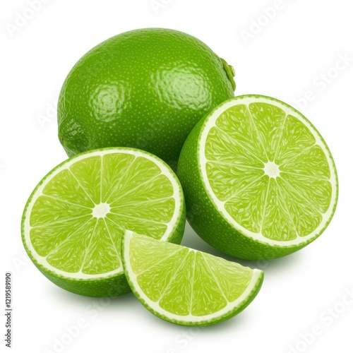 Vibrant green limes, Fresh citrus fruit, Sliced lime wedges, Glossy lime skin, Juicy lime interior, White background, High contrast, Macro photography, Food photography, Realistic texture, Bright and 