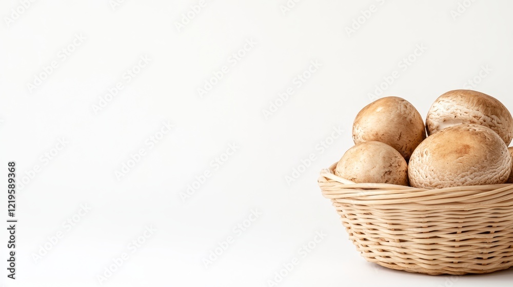 Fresh White Champignons in Wicker Basket with Clean Isolated Background 6 Fresh White Champignons in Wicker Basket with Clean Isolated Background 6