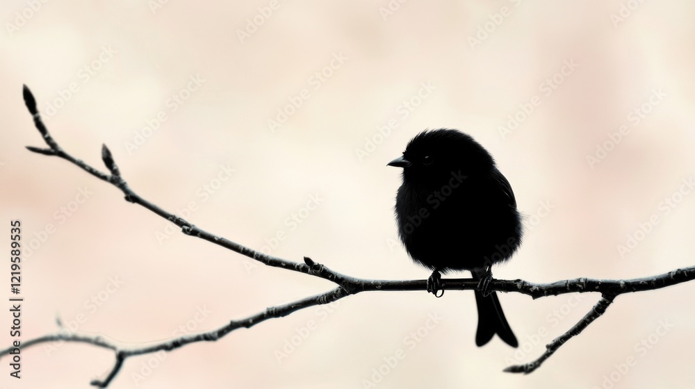 A small black bird sitting on a tree branch A small black bird sitting on a tree branch