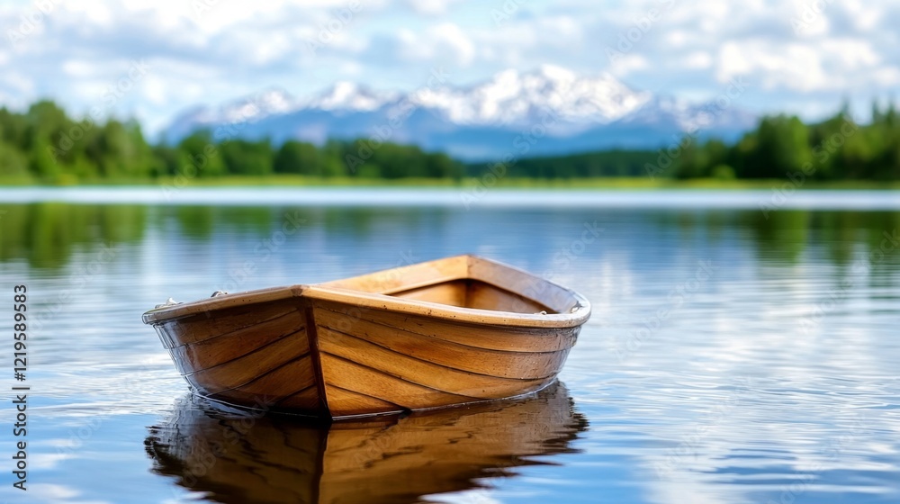 Obraz premium A small wooden boat floating on top of a lake