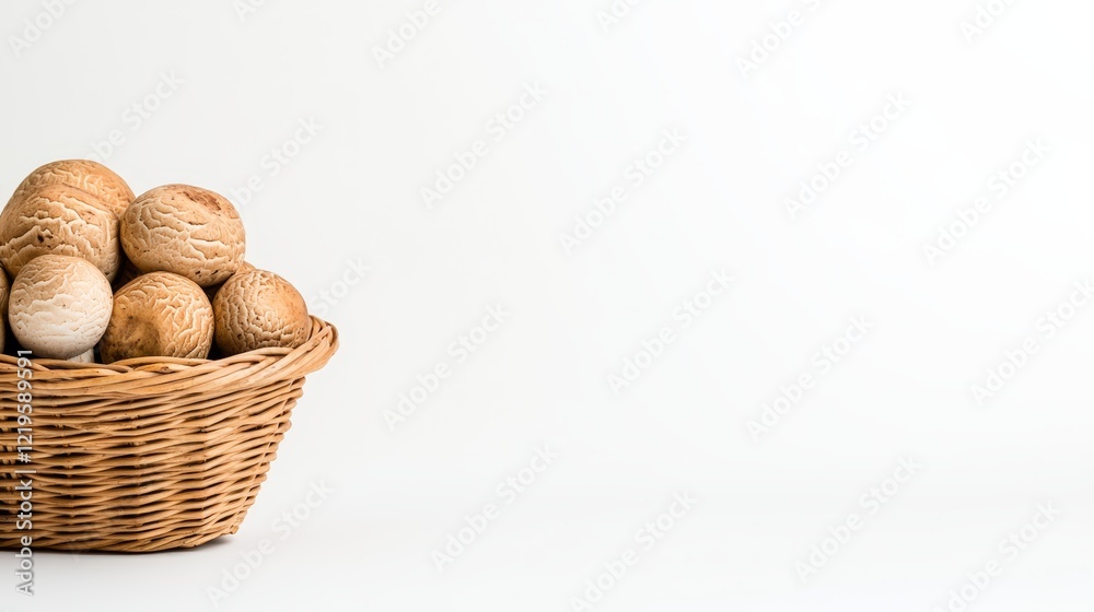 Fresh White Champignons in Wicker Basket with Clean Isolated Background 5 Fresh White Champignons in Wicker Basket with Clean Isolated Background 5