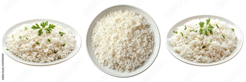 A set of clean plate of perfectly cooked rice with a soft texture isolated on a transparent background A set of clean plate of perfectly cooked rice with a soft texture isolated on a transparent background