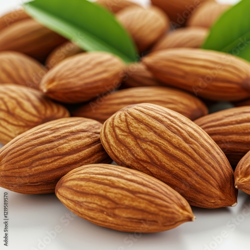 Wallpaper Mural Macro photograph of almonds, crisp detailed nuts, vibrant brown color, green almond leaves, white background, food photography, shallow depth of field, studio lighting, high resolution, textured almon Torontodigital.ca