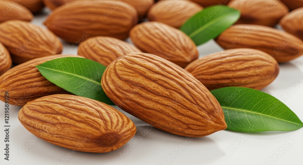 Macro photograph of almonds, crisp detailed nuts, vibrant brown color, green almond leaves, white background, food photography, shallow depth of field, studio lighting, high resolution, textured almon Macro photograph of almonds, crisp detailed nuts, vibrant brown color, green almond leaves, white background, food photography, shallow depth of field, studio lighting, high resolution, textured almon