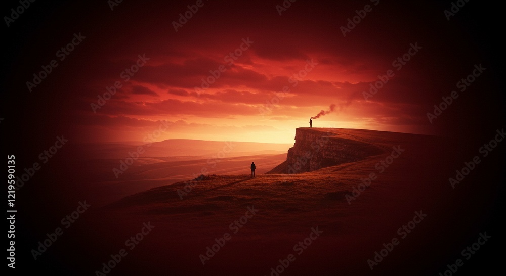 Dramatic Sunset Landscape with Solitary Figures on Clifftop Red Sky Hilly Terrain Dramatic Sunset Landscape with Solitary Figures on Clifftop Red Sky Hilly Terrain