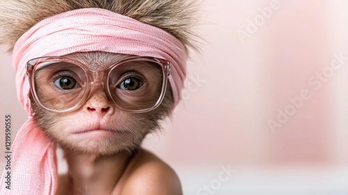 A monkey wearing glasses and a pink towel wrapped around its head