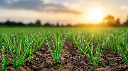A field of green grass with the sun setting in the background