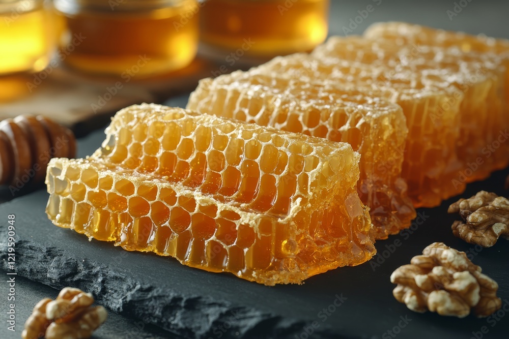 Honeycomb with walnuts on slate and jars of honey in the background
