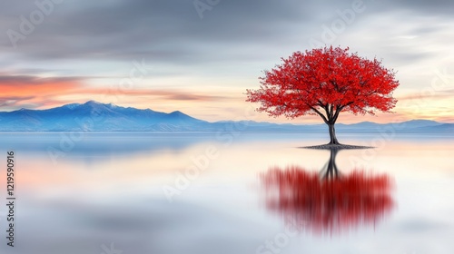 A lone red tree in the middle of a lake with mountains in the background