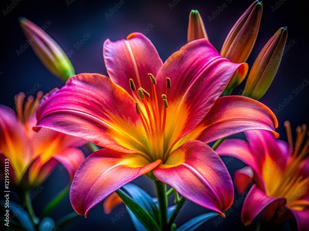 Naklejka premium Vibrant Pink Orange Lily Bloom - Closeup Long Exposure Flower Photography